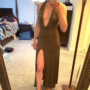 Medium olive green halter dress, plunge neck, slit
